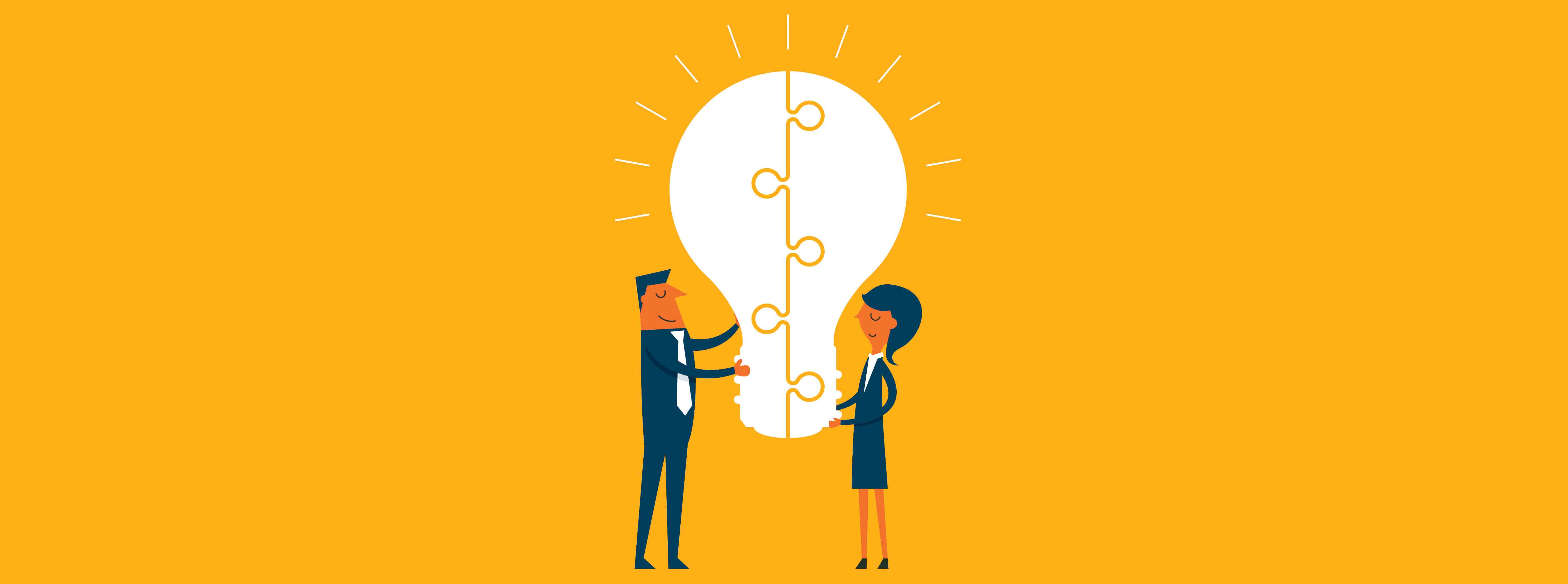 illustration of two people putting a light bulb together like a puzzle